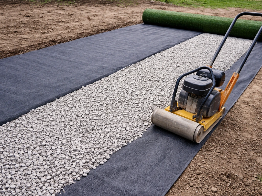 Préparation d’un sol : géotextile et grave drainante compactée avant déroulage du gazon synthétique.