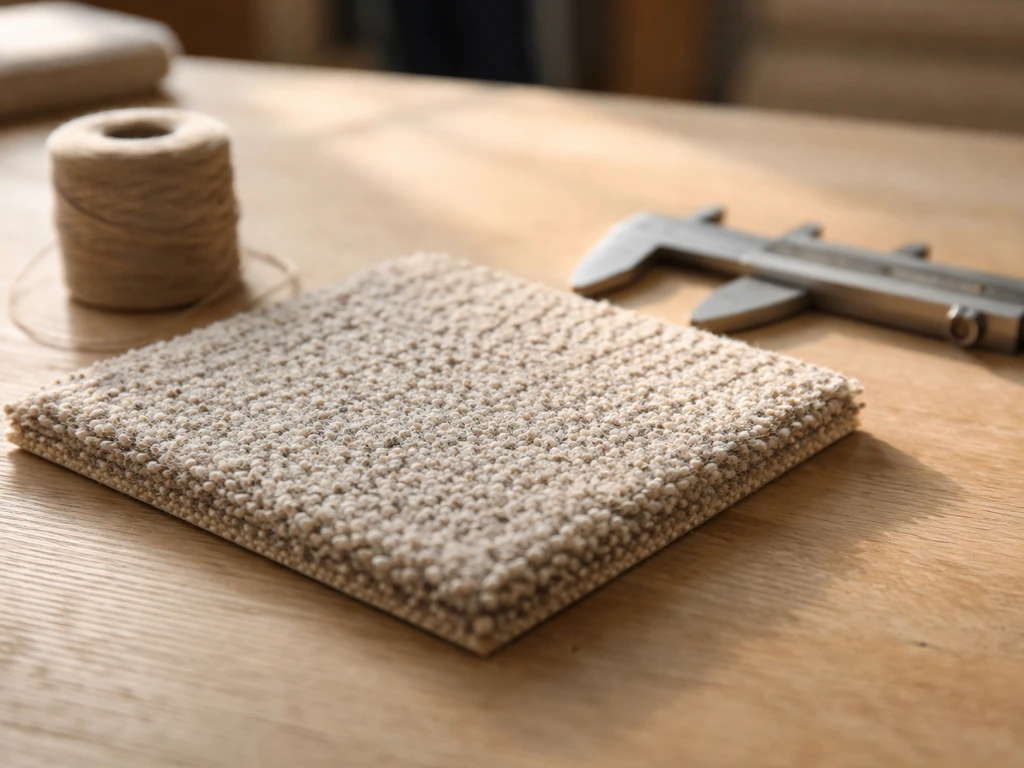 Gros plan d’un échantillon de textile et d’un outil de mesure sur une table, ambiance atelier, sans texte lisible.