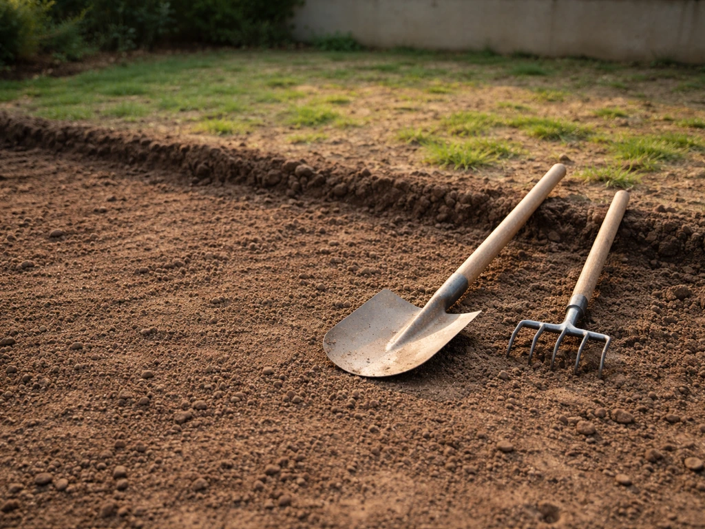 Zone de jardin décaisée et nivelée, pelle au sol, prête pour la couche drainante et le géotextile.
