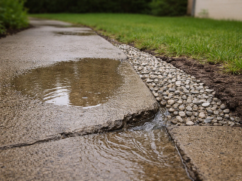Flaque sur une dalle béton de jardin et amélioration visible du drainage avec graviers et écoulement.