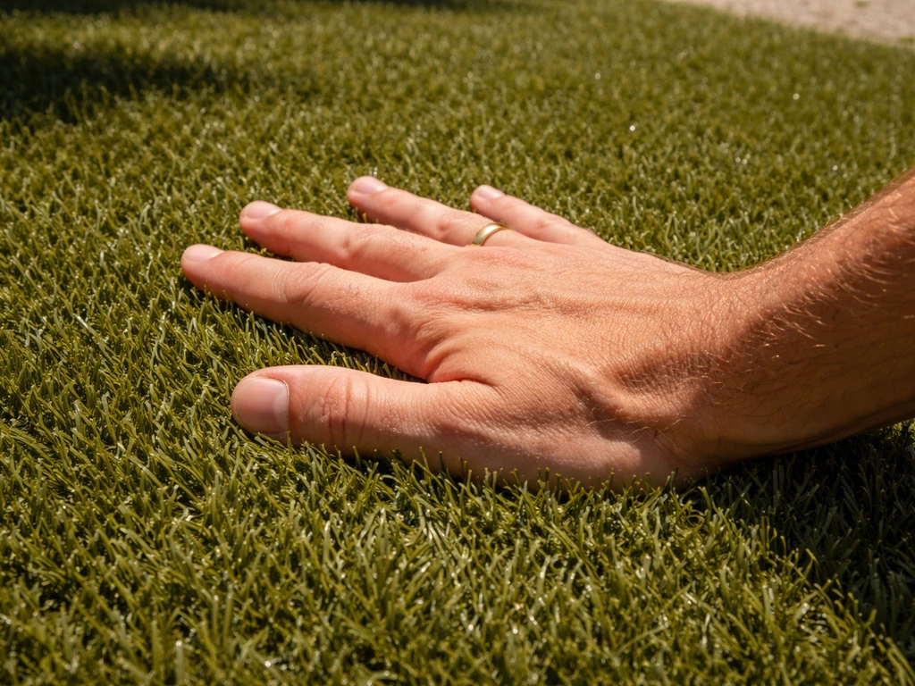 Une main pose sa paume sur un gazon synthétique vert olive en plein soleil, fibres visibles.