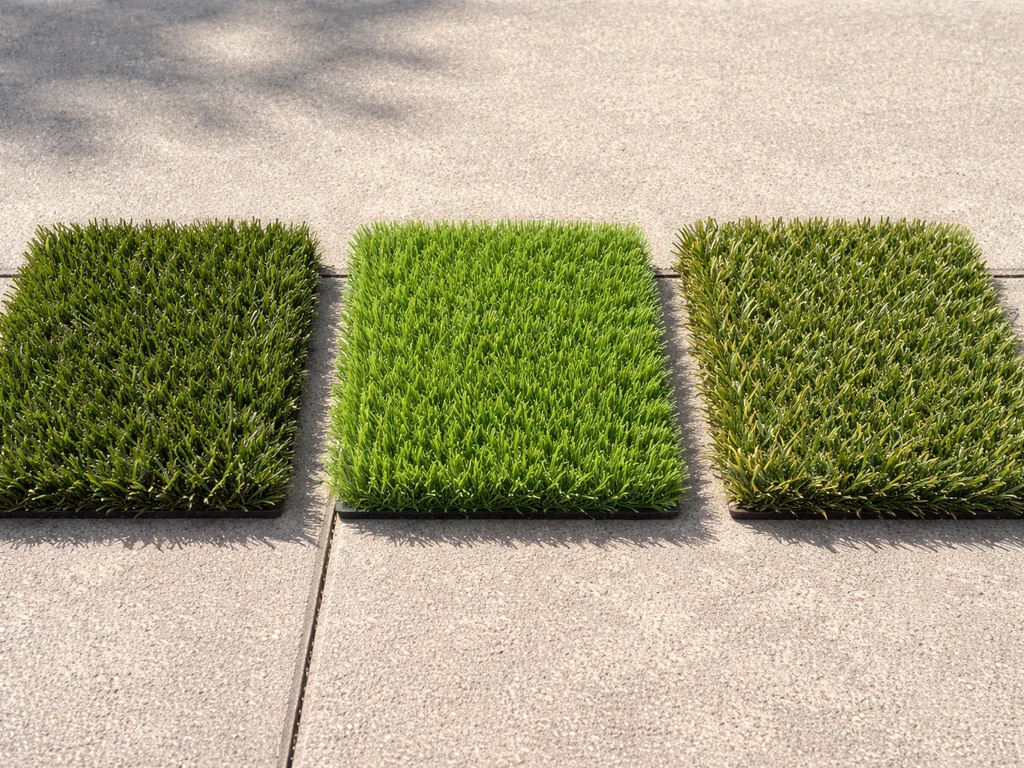 Trois échantillons de gazon synthétique aux couleurs et textures différentes, en plein soleil.