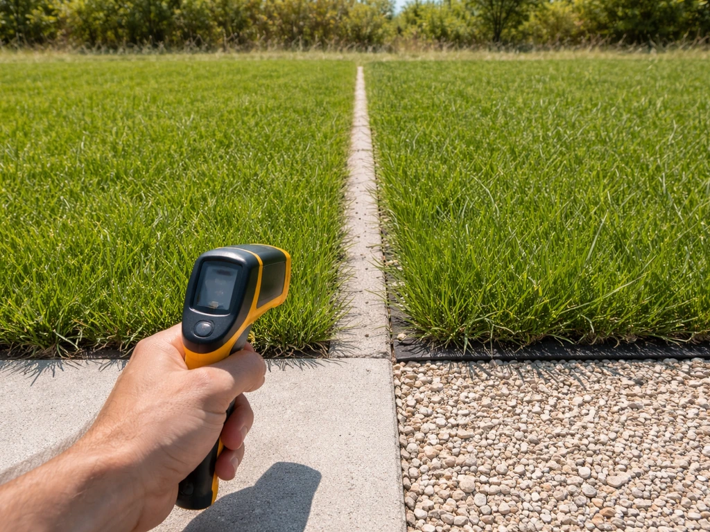 Comparaison photo pelouse sur dalle béton vs pelouse sur base drainante, thermomètre infrarouge sans texte.