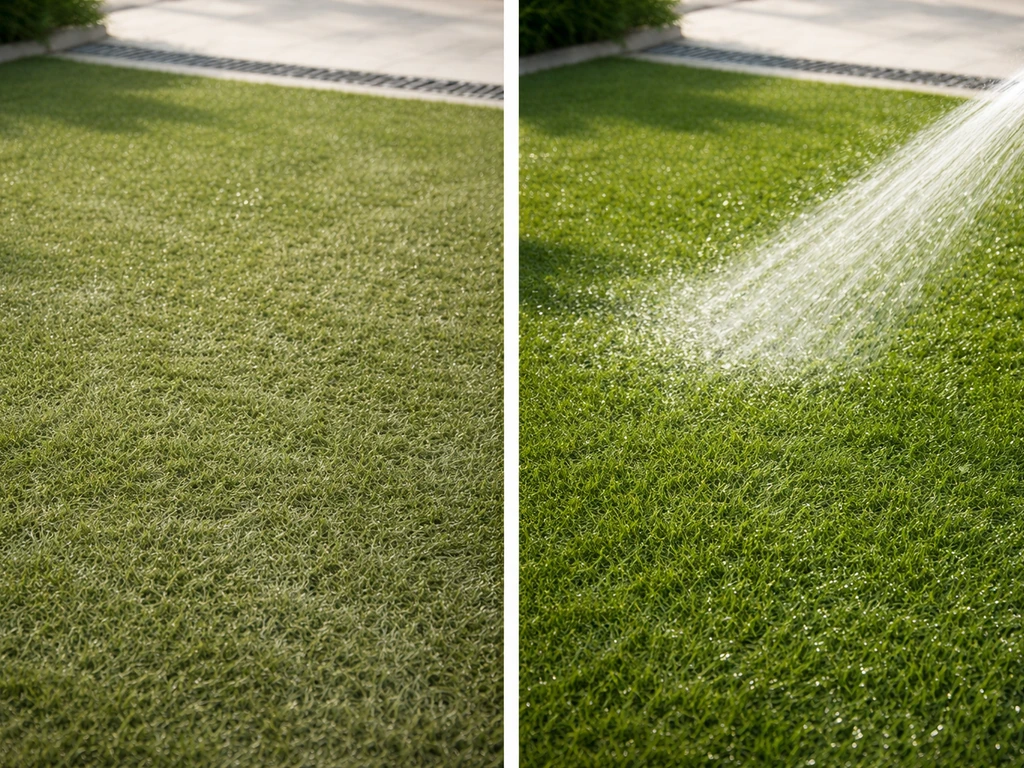Jet d’eau sur gazon synthétique, surface qui se refroidit, comparaison avant/après par l’aspect humide.