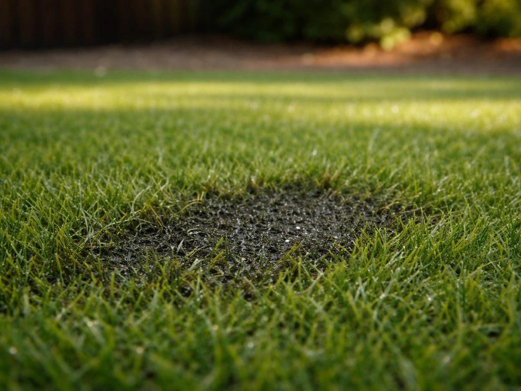 Gazon synthétique avec une zone sombre humide, vue jardin, pour illustrer l’odeur due à l’urine animale.