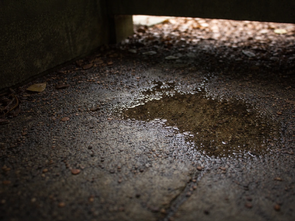 Sous une terrasse, un sol sombre et humide suggère une stagnation d’eau à l’origine du moisi.