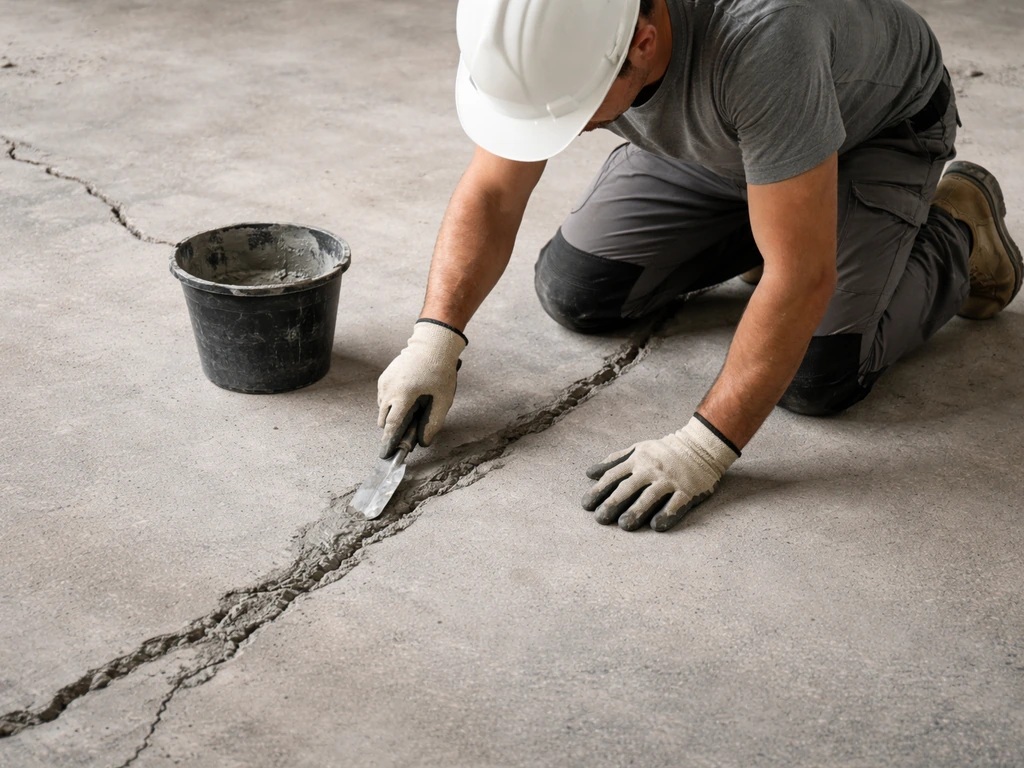 Travailleur au sol préparant une dalle béton, réparation de fissures et légère pente pour l’évacuation de l’eau