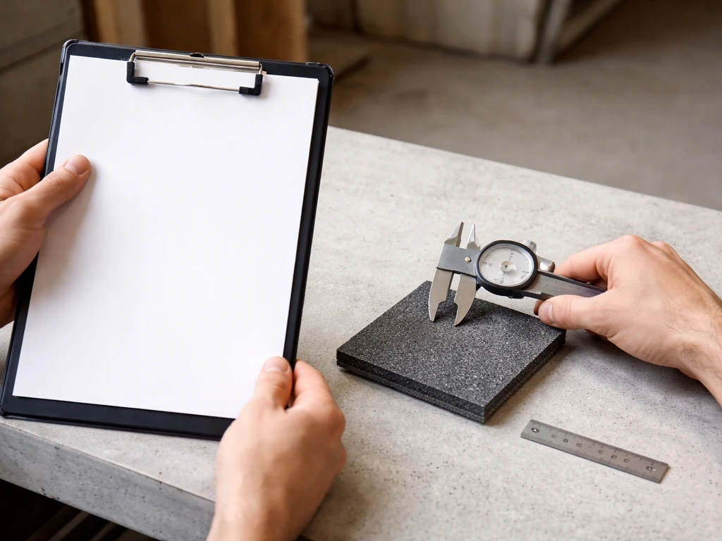 Main tenant une fiche technique près d’un échantillon de revêtement et d’un pied à coulisse sur un sol neutre.