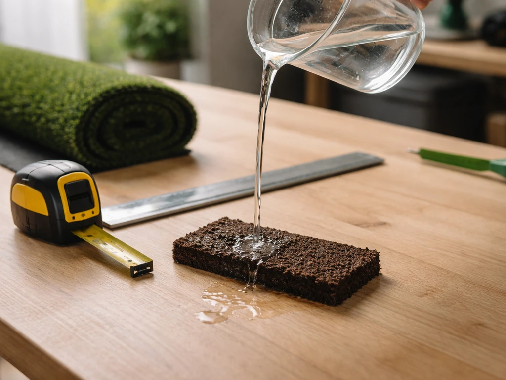 Mètre-ruban et règle sur une table, filet d’eau sur une bande de gazon synthétique pour évoquer le drainage.