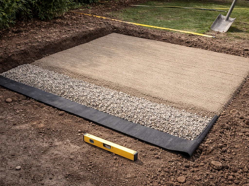 Préparation du sol pour gazon synthétique : géotextile, couche drainante et terre compactée, vue au ras du sol.