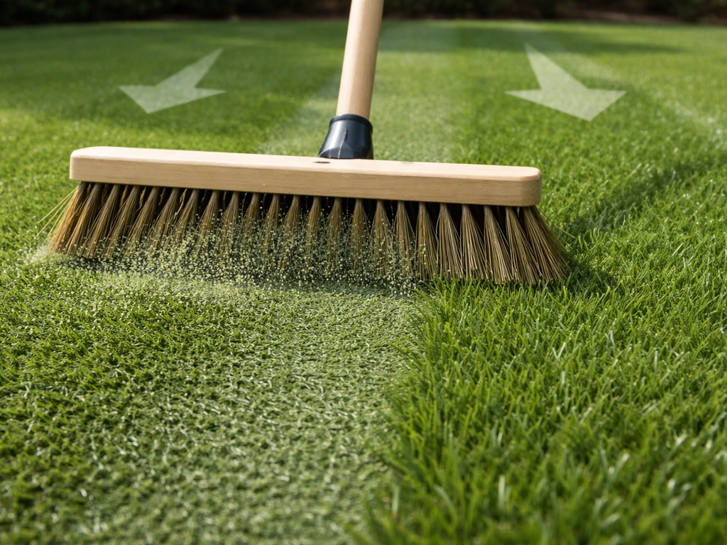 Balai à poils durs redressant les brins d’un gazon, infill légèrement redistribué, rendu net et naturel.