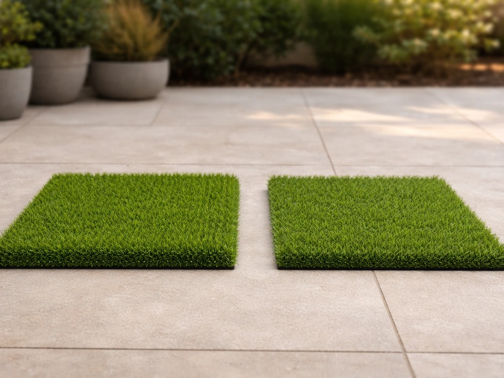 Sur une terrasse, deux petites plaques de gazon décoratif en rendu uniforme, brins dressés, lumière naturelle