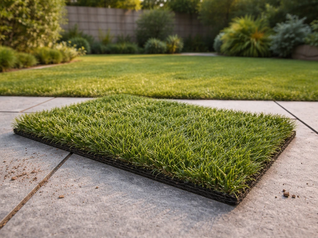 Gazon de jardin au premier plan, brins visibles et traces de passage pour illustrer la résistance et le nettoyage facile