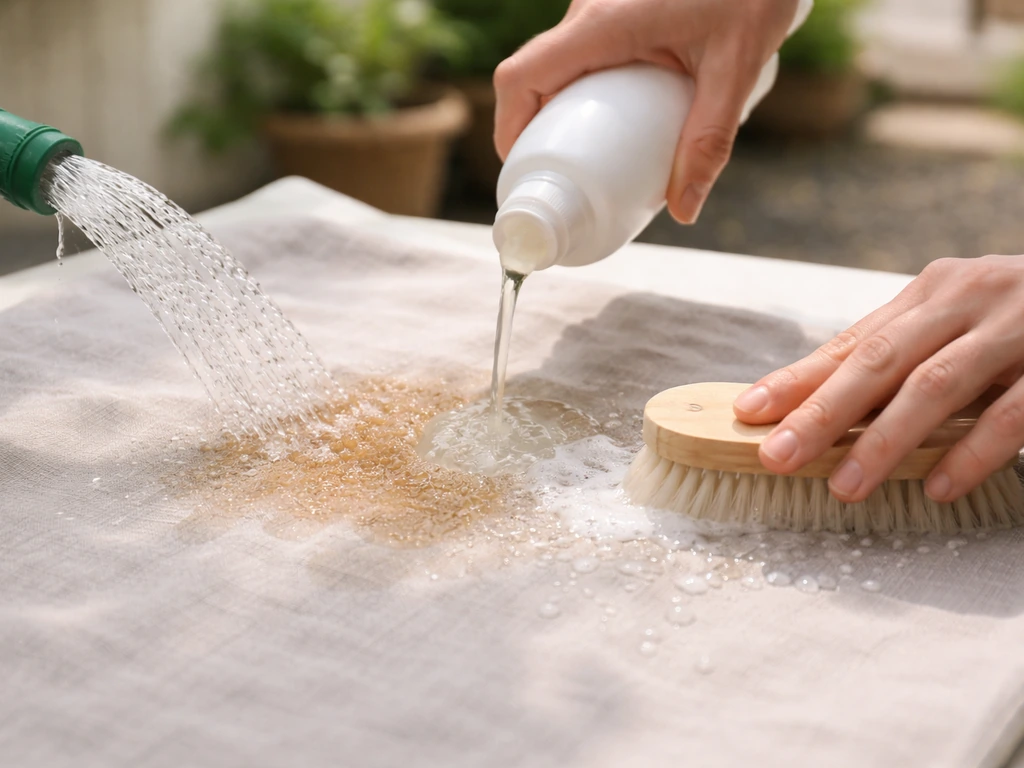 Tissu taché rincé au tuyau, neutralisateur versé, puis brossage doux pour décoller les résidus.