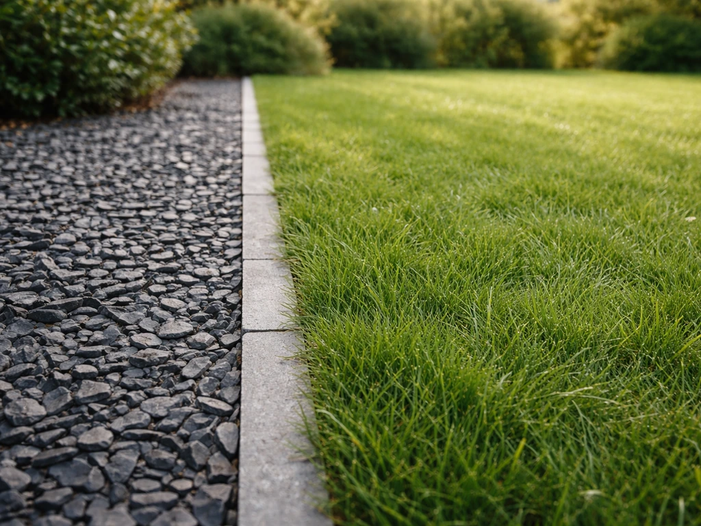 Bordure de jardin avec ardoise concassée et touffes d’herbe naturelle, rendu plus naturel que le gazon synthétique.