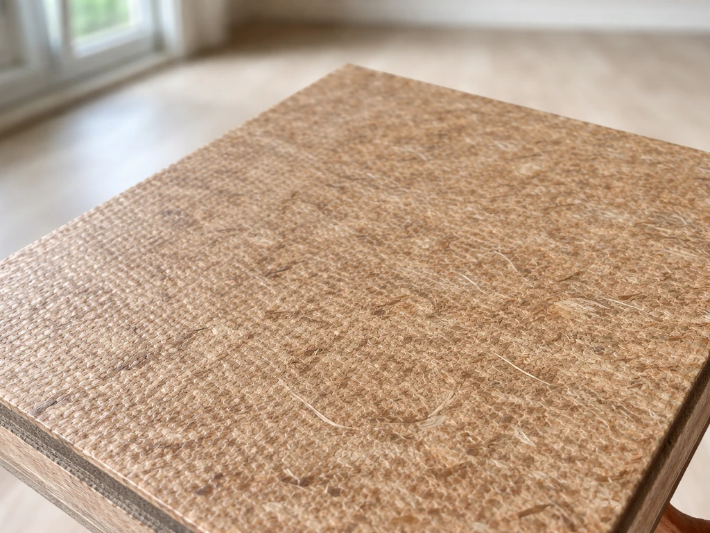 Gros plan sur un revêtement semi-naturel hybride en fibres végétales, texture structurée beige.