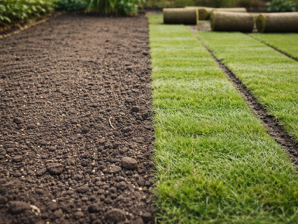 Deux zones de jardin côte à côte : terre prête pour semis et rouleaux de gazon fraîchement posés.