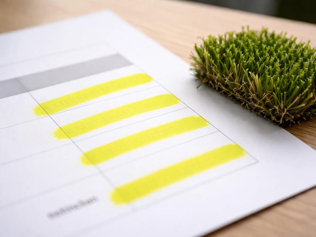 Gros plan d’une fiche technique de gazon synthétique avec surlignage et brins de fibres à côté.