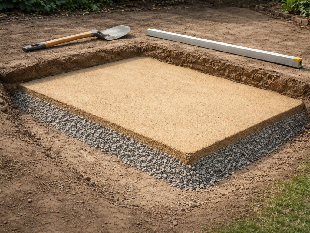 Coupes simplifiées et empilées montrant : décaissement, gravier compacté puis sable stabilisé pour un gazon synthétique.