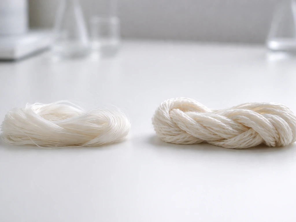Deux échantillons de fibres textiles fins et épais sur une table, comparaison visuelle des textures et de l’épaisseur.