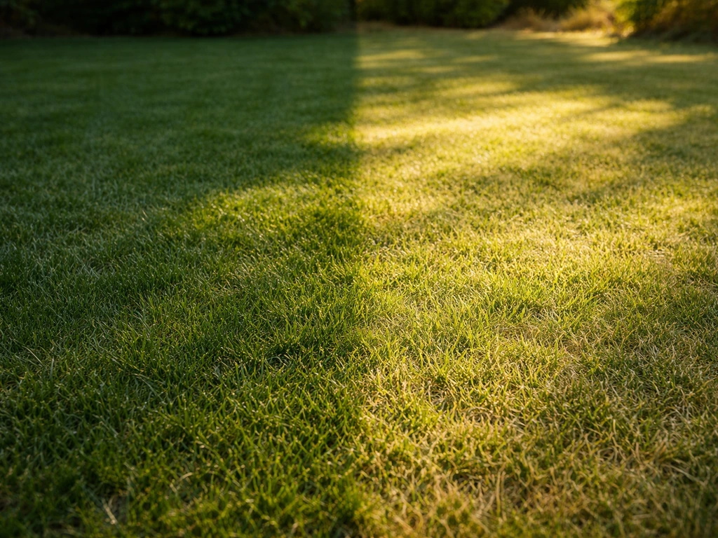 Deux zones de gazon au sol, l’une à l’ombre et l’autre au soleil, montrant des couleurs et textures contrastées