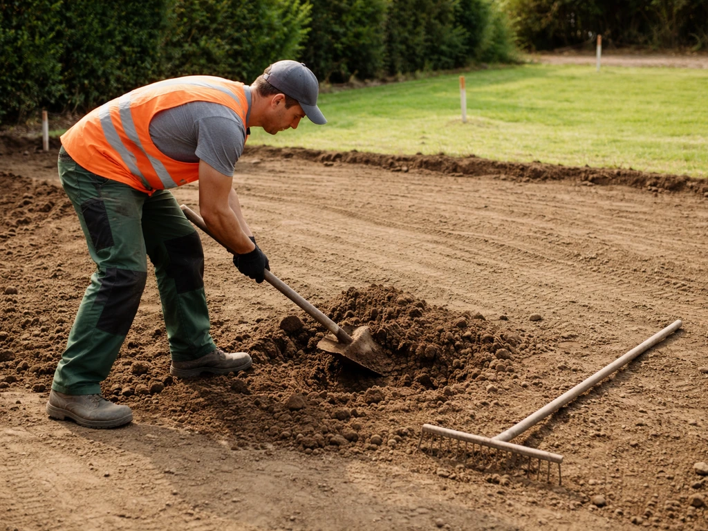 Ouvrier au chantier retirant la terre végétale, terrain nivelé avec pelle et râteau, repères de niveau discrets.
