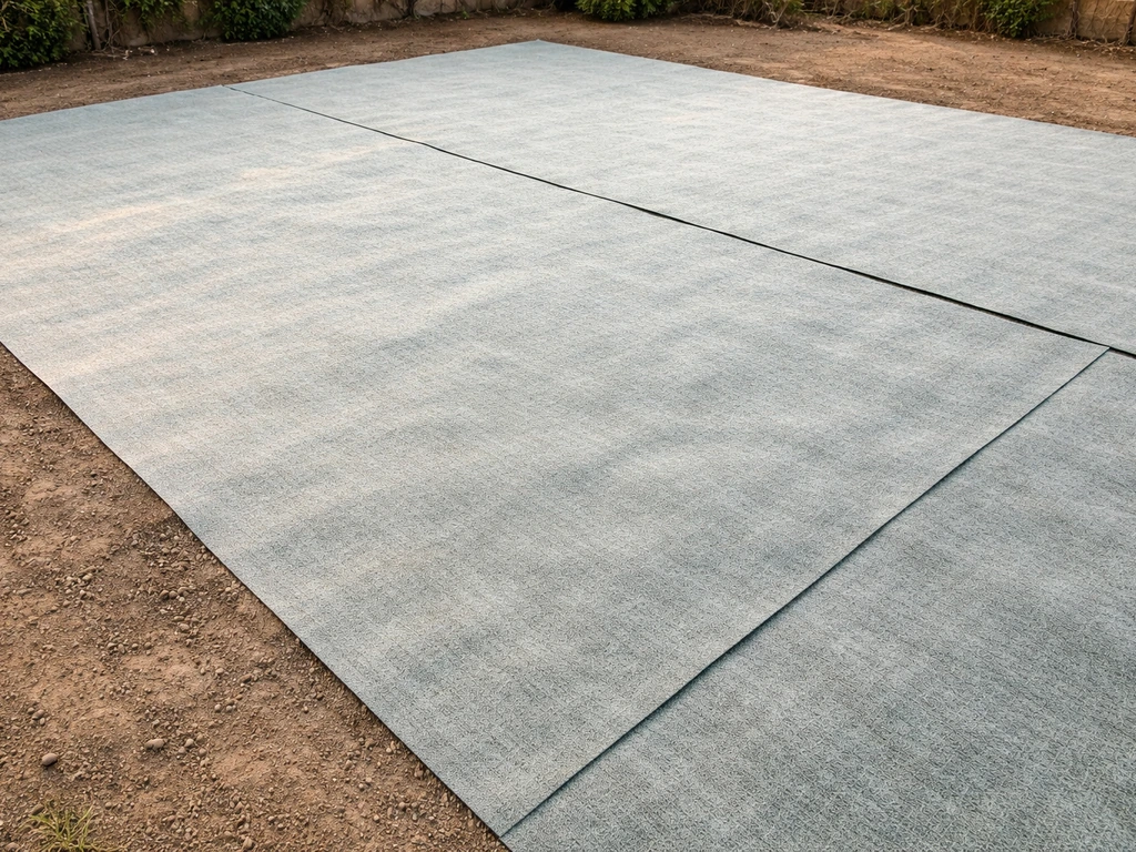 Géotextile non-tissé posé à plat avec recouvrements nets, prêt pour la sous-couche et la pelouse synthétique.