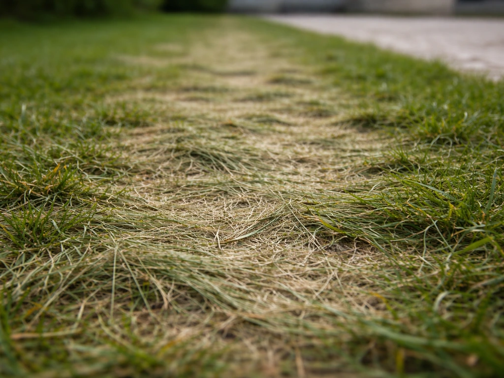 Gazon piétiné : fibres couchées et aplaties au ras du sol, dans une zone de passage très visible.