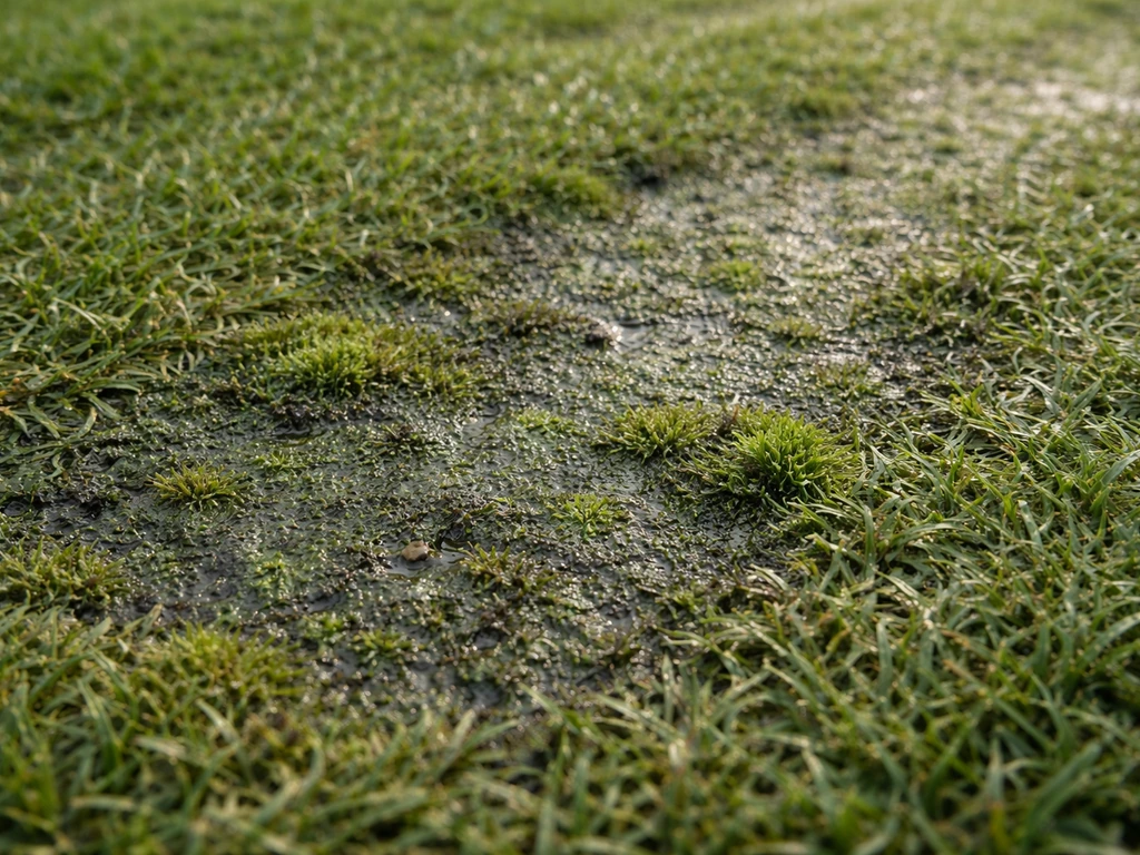 Gros plan sur une zone verdâtre sombre de gazon synthétique, avec mousse et humidité visibles.