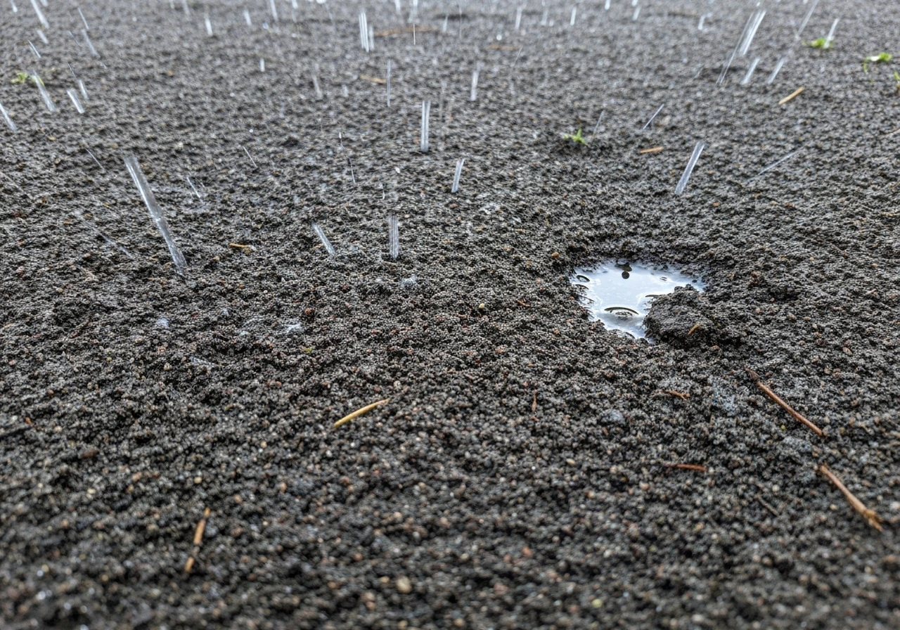 Gazon sombre et mouillé avec flaques persistantes après la pluie, sol qui reste détrempé