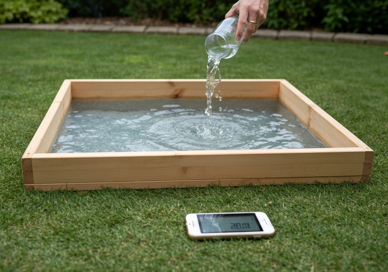 Zone de gazon délimitée (1 m²) arrosée d’un seau de 10 litres, chronomètre à côté