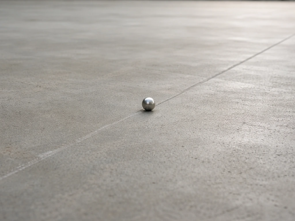 Bille posée sur une dalle béton nue avec une ligne de pente tracée au sol, ambiance chantier.