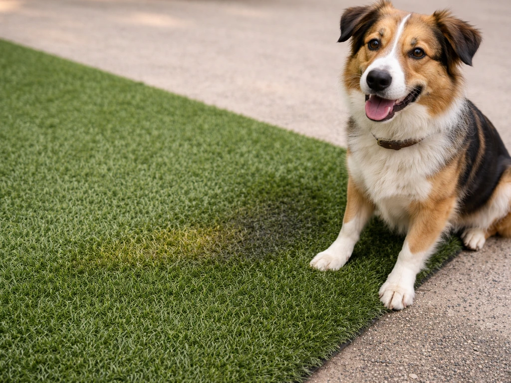 Chien près d’un gazon synthétique, avec une légère tache à traiter sur les fibres.