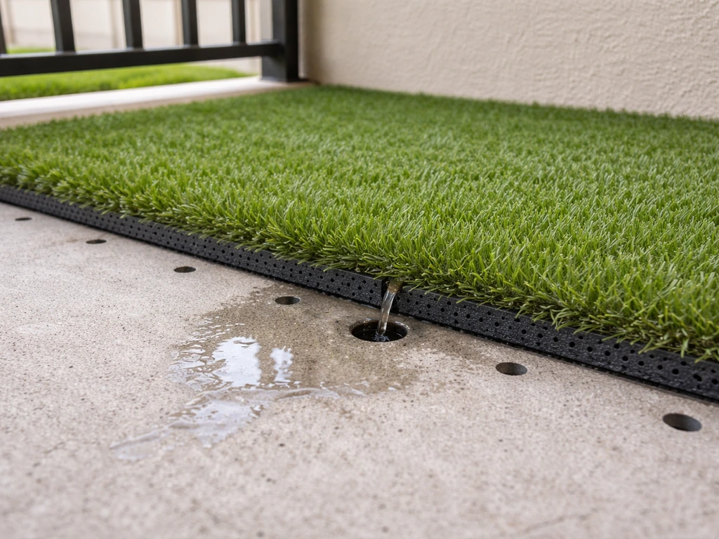 Gazon synthétique sur béton avec ouvertures de drainage, eau qui s’écoule par les trous.
