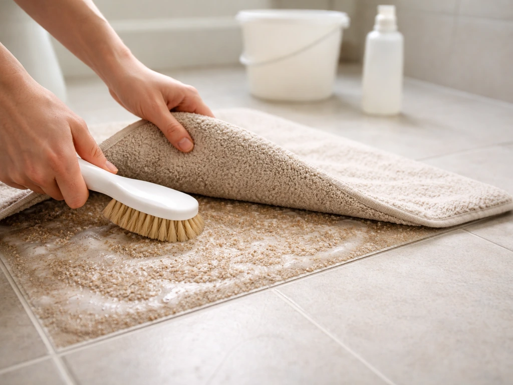 Mains appliquant uniformément un produit enzymatique sur une zone de tapis soulevée, pour traiter le rembourrage.
