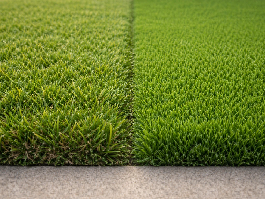 Gros plan sur deux sections de gazon synthétique : fibres hybrides plus denses vs gazon entièrement synthétique plus uni