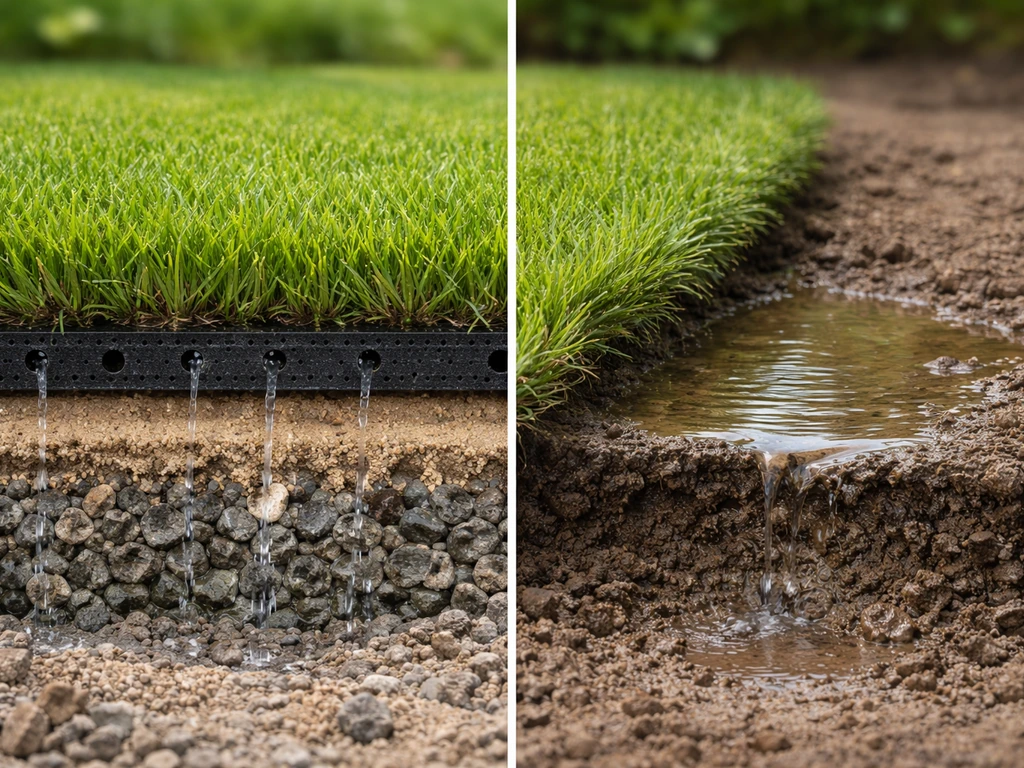 Gazon synthétique avec couche de drainage : l’eau s’infiltre d’un côté et stagne de l’autre.