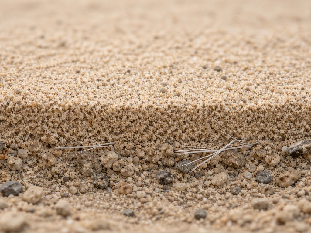Gros plan sur des grains de sable calibrés pour remplissage, avec une couche de stabilisation sous des fibres
