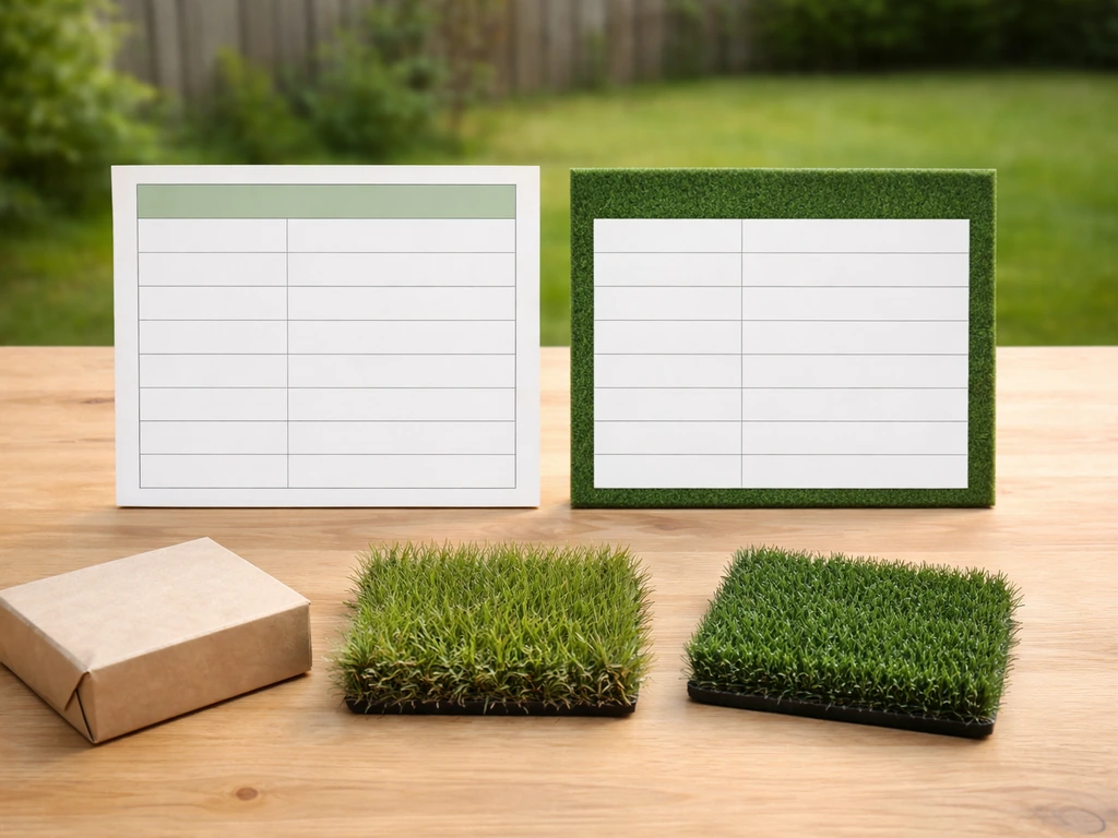 Tableau de comparaison minimal sur 10 ans pelouse naturelle vs gazon synthétique, avec documents au premier plan