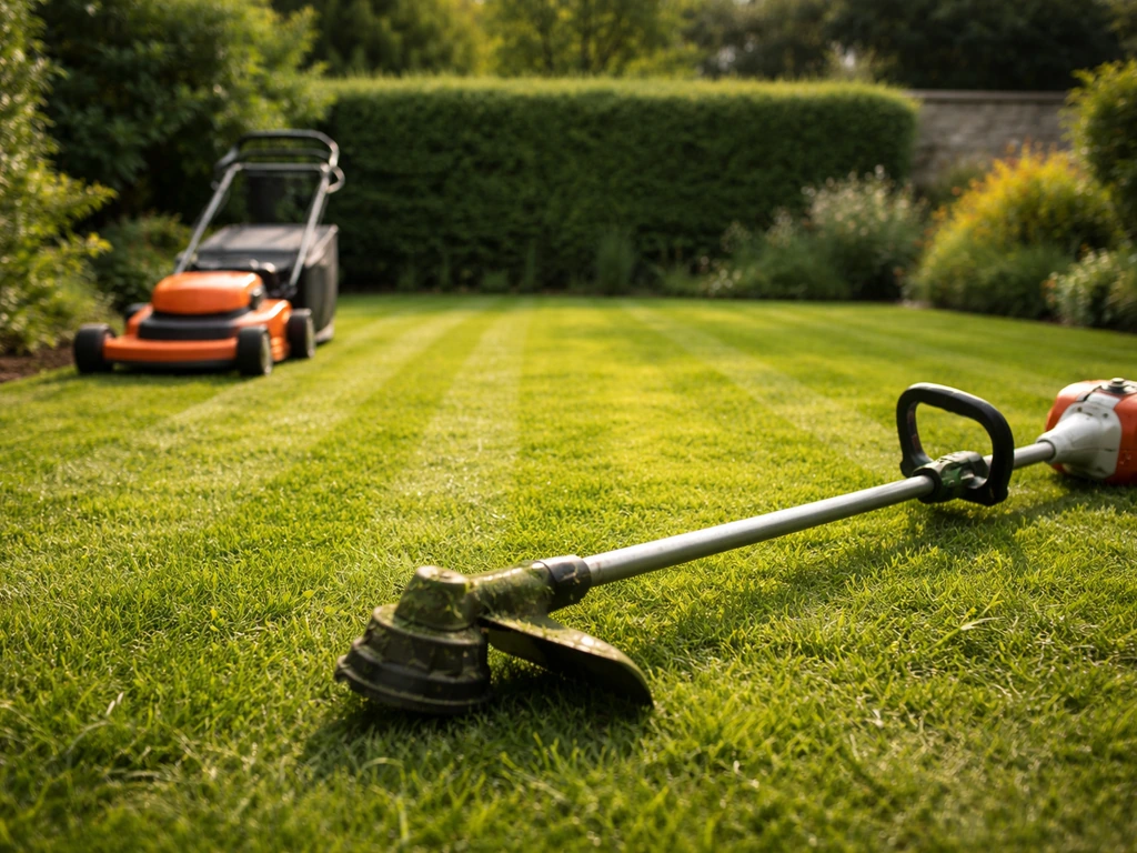 Jardin avec pelouse fraîchement tondue, tondeuse et coupe-herbe à côté, lumière naturelle du matin.