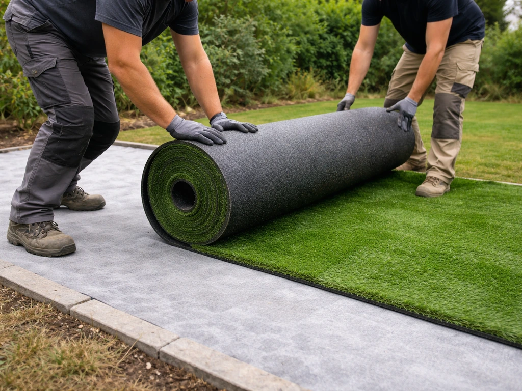 Déroulage d’un rouleau de gazon synthétique sur géotextile, avec bordure propre et chantier minimal.