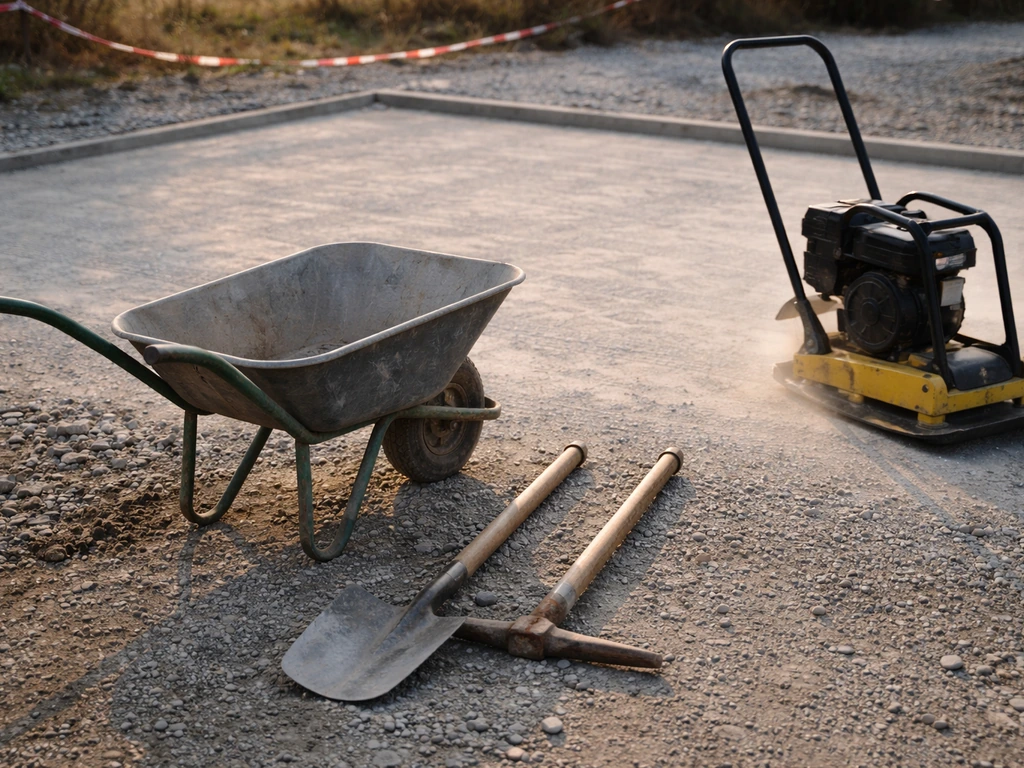 Outillage de chantier pour préparation avant pose : pelle, pioche, brouette et plaque vibrante sur une dalle simple.
