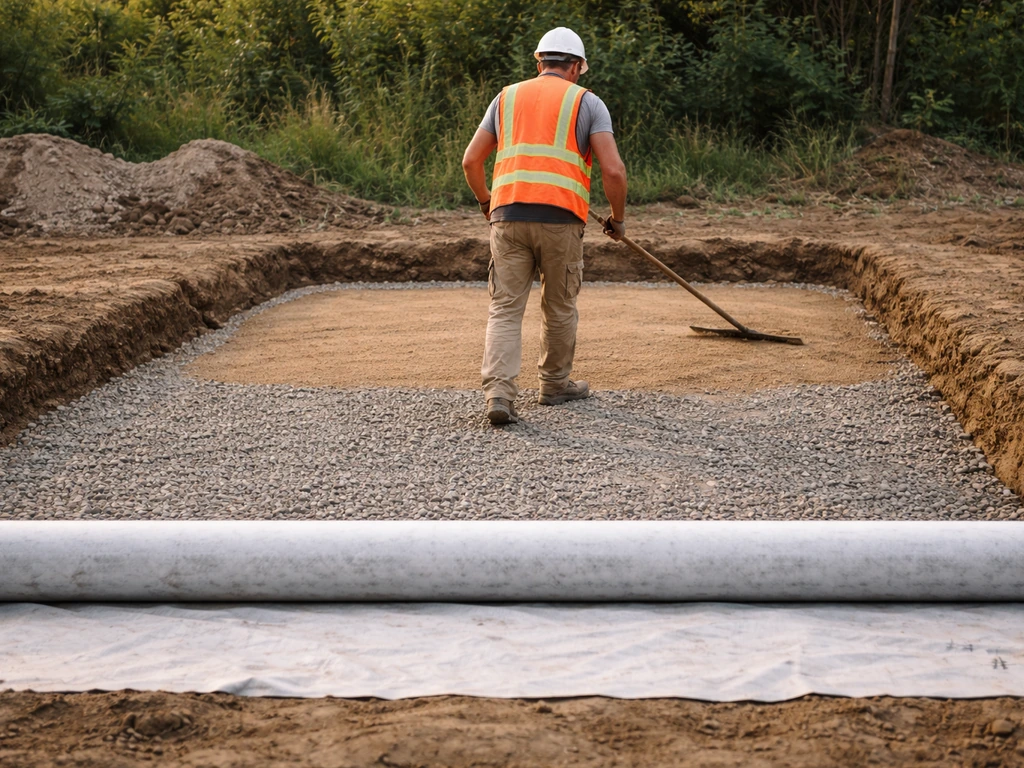 Chantier de pose : géotextile et couches de sable et grave compactée visibles avant la pose des rouleaux.