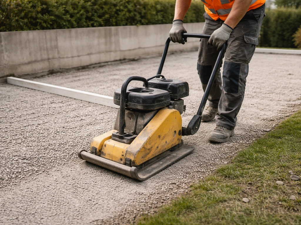 Travail sur une surface en gravier existant : compactage du sol avant préparation des couches du futur gazon.