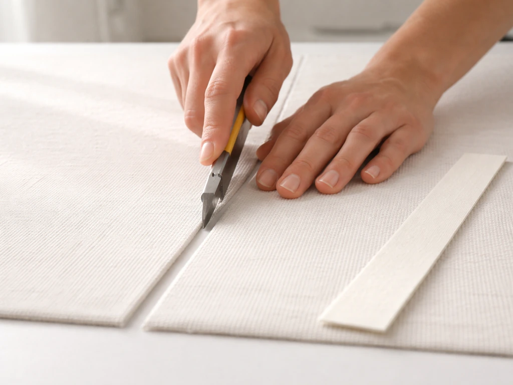 Couteau cutter neuf coupant deux lés de tissu au bord d’une table, avec bande de jonction pour un raccord discret.