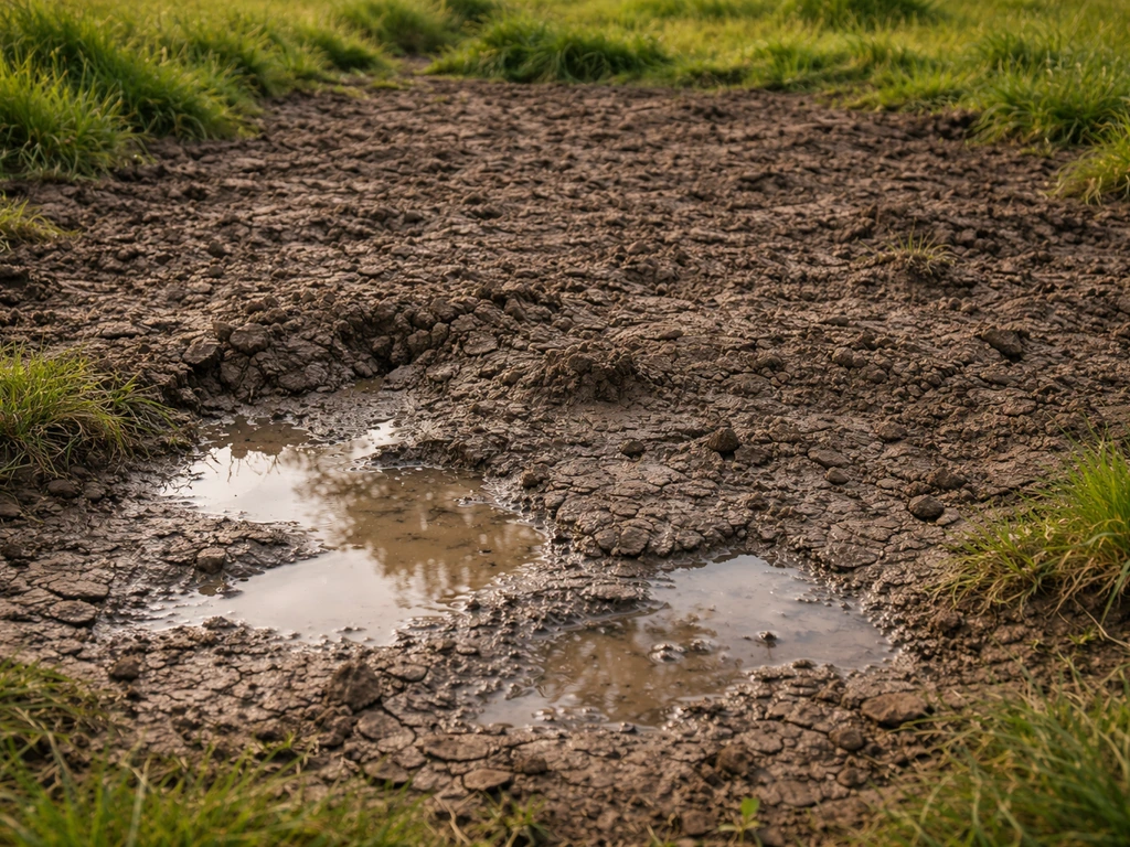 Sol de jardin humide avec flaques stagnantes et terre instable, illustrant un mauvais drainage sur terre.