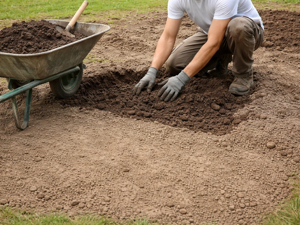 Chantier : décaissement local et sol nivelé, terre végétale retirée manuellement avant pose