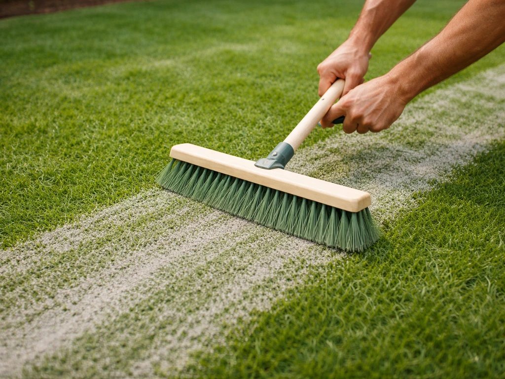 Mains anonymes brossant un gazon synthétique après sablage fin, fibres redressées, jardin résidentiel.