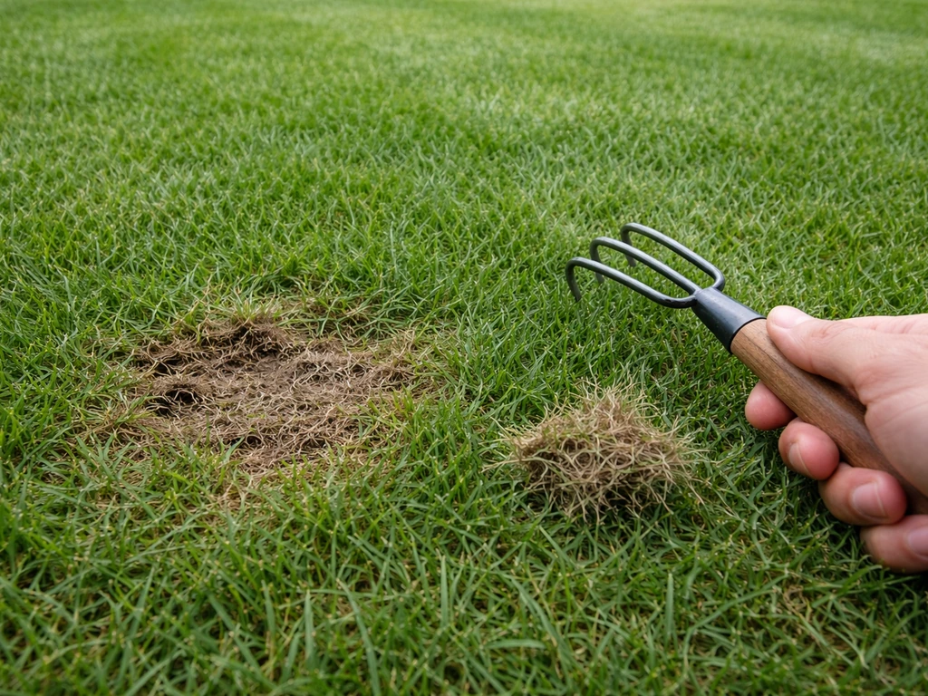 Main avec petite brosse et prélèvement de fibres sur gazon abîmé, avant de décider réparation ou remplacement