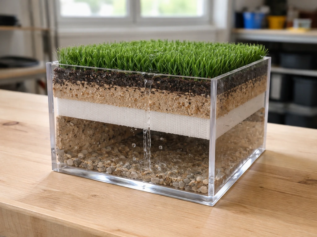 Maquette de sol avec géotextile et gazon synthétique, eau s’infiltrant verticalement pour simuler le drainage.